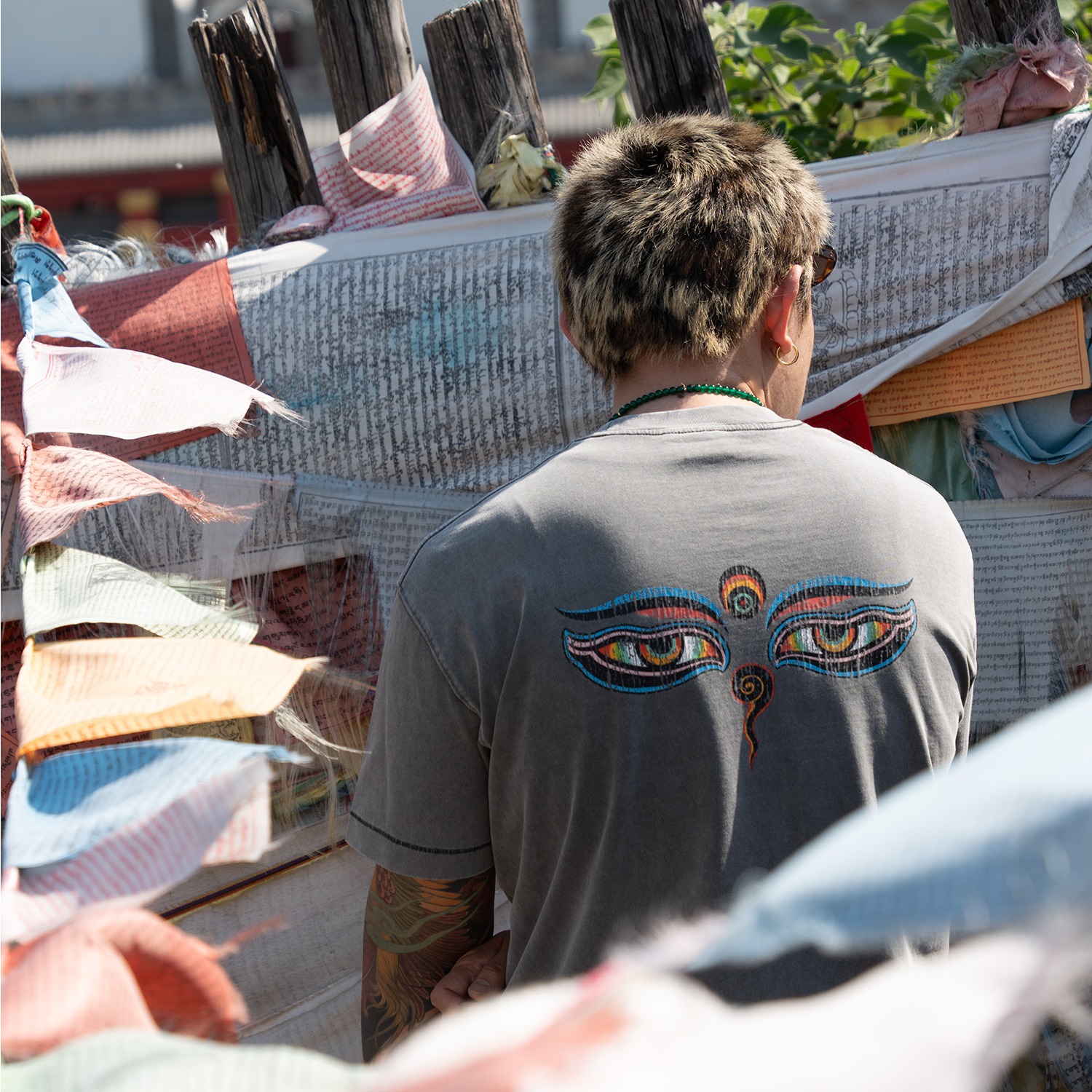 SUC群起佛眼开裂浆印花水洗做旧复古炒色蜡染纯棉单针重磅短袖T恤