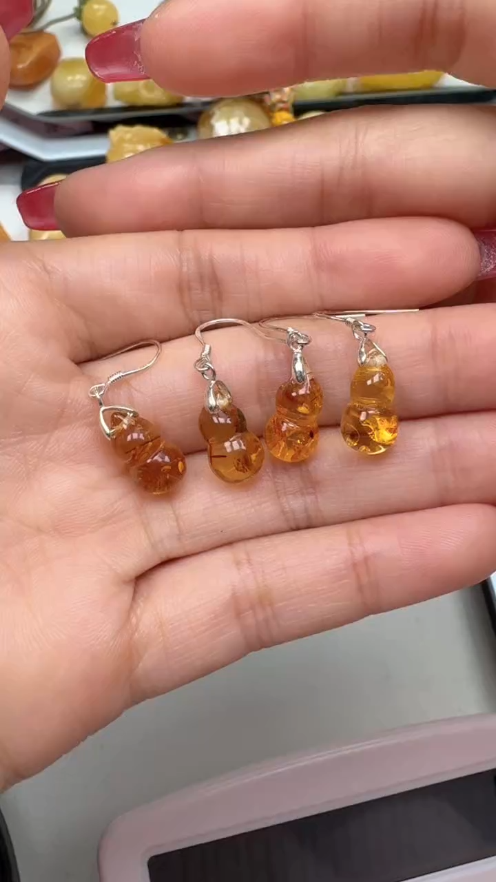 裸石琥珀银S925镶嵌随机一对