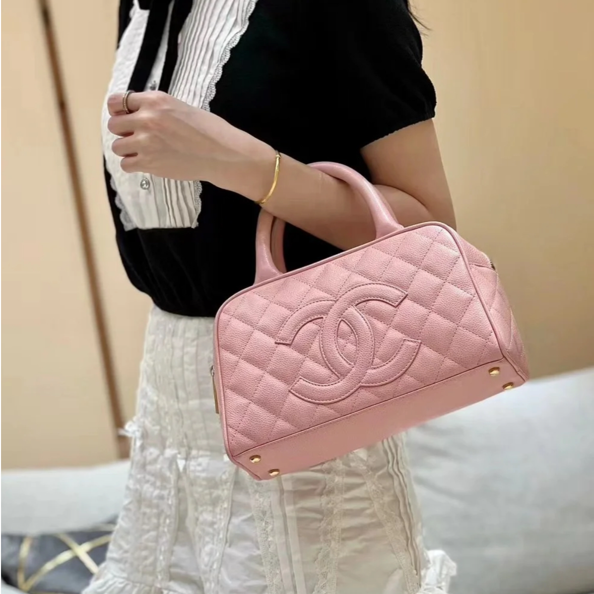 95新 Chanel/香奈儿 小花姑姑438544中古 保龄球手提包 粉色 8开