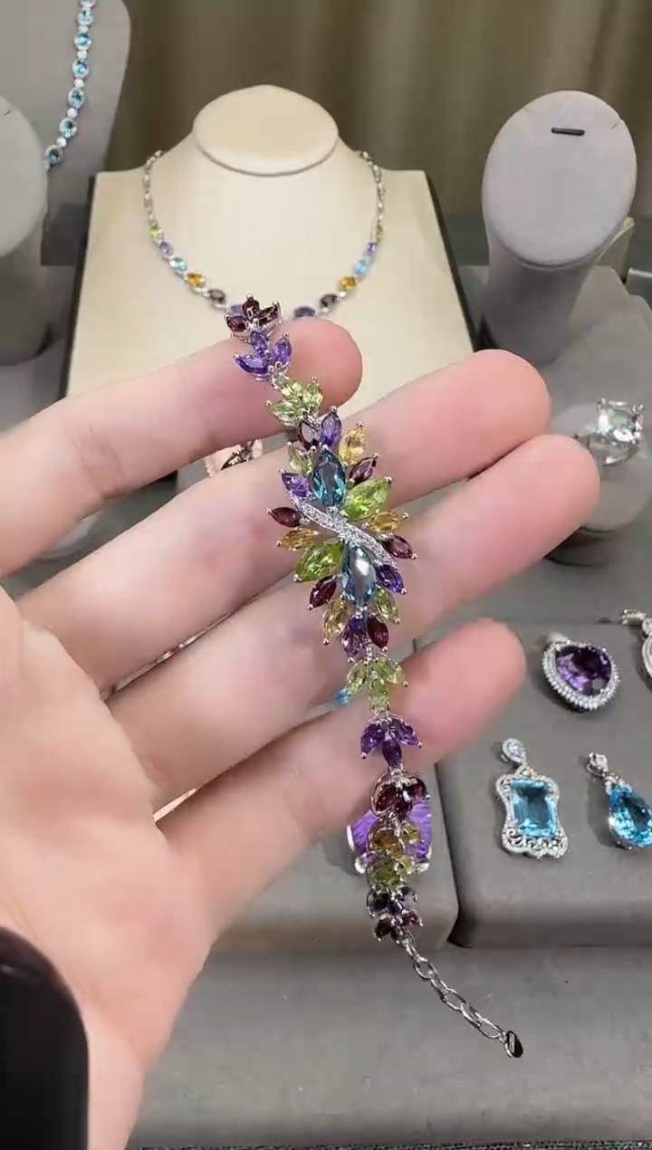 银S925镶嵌手链水晶多彩宝麦穗手链高级款