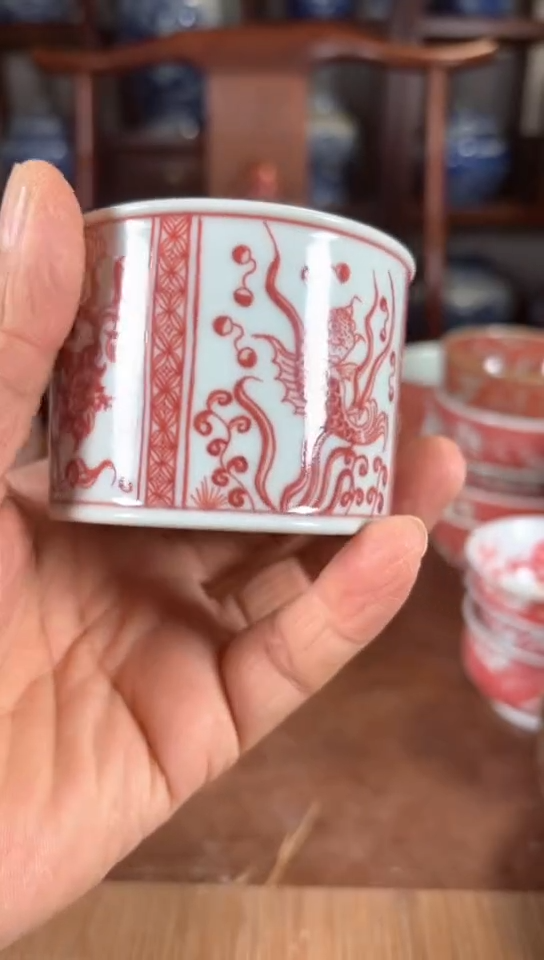 柴窑釉里红融天杯杯