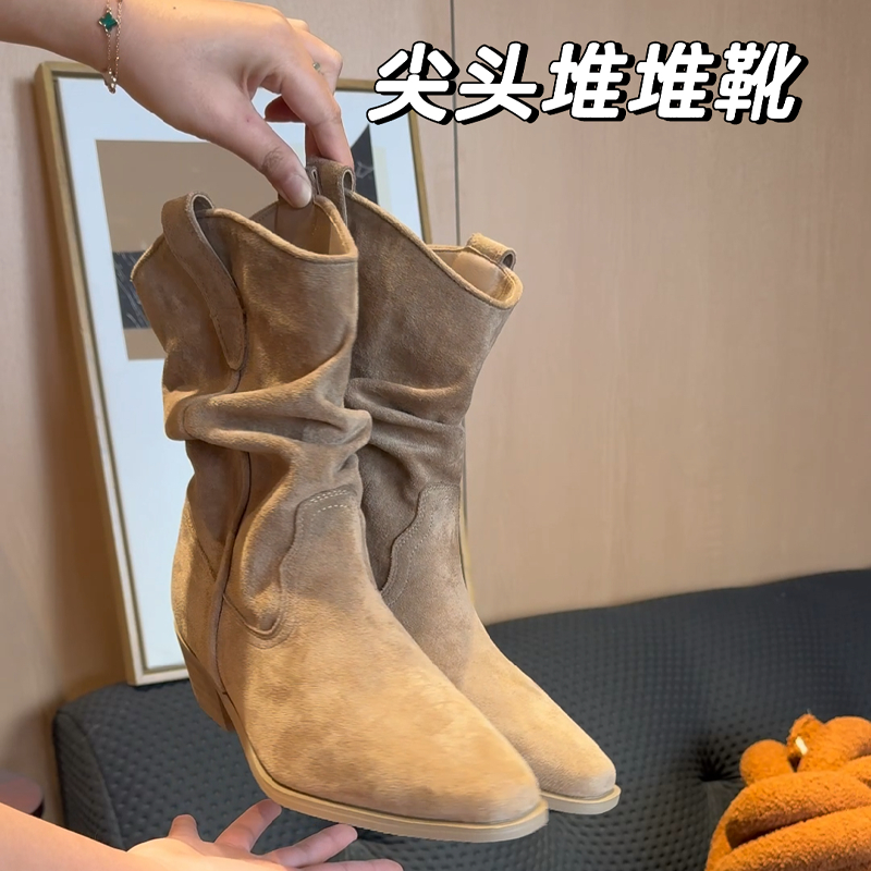 堆堆靴中筒时装靴百搭短靴秋美拉德高跟增高复古西部牛仔靴骑士靴