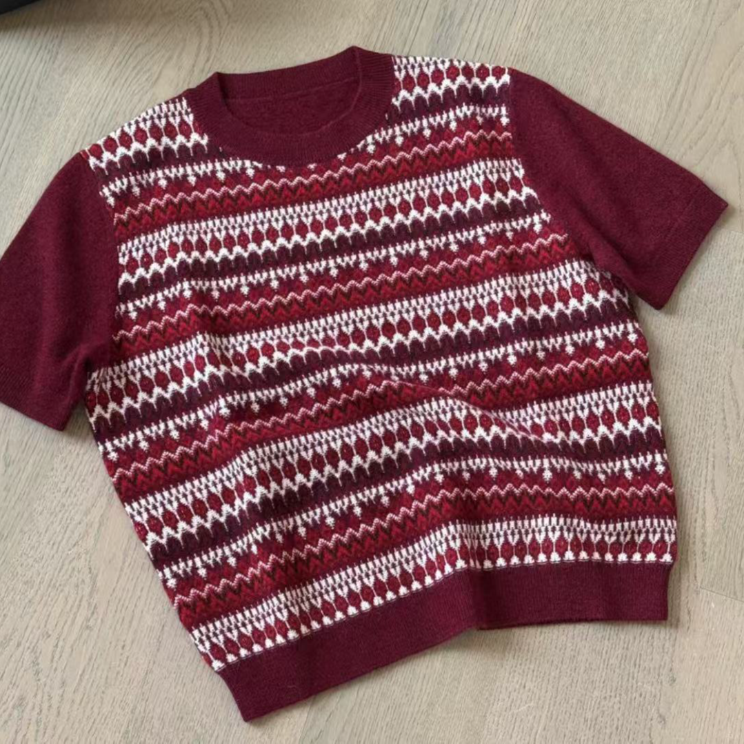 【LP短袖】100%纯山羊绒提花短袖女 英伦老钱风