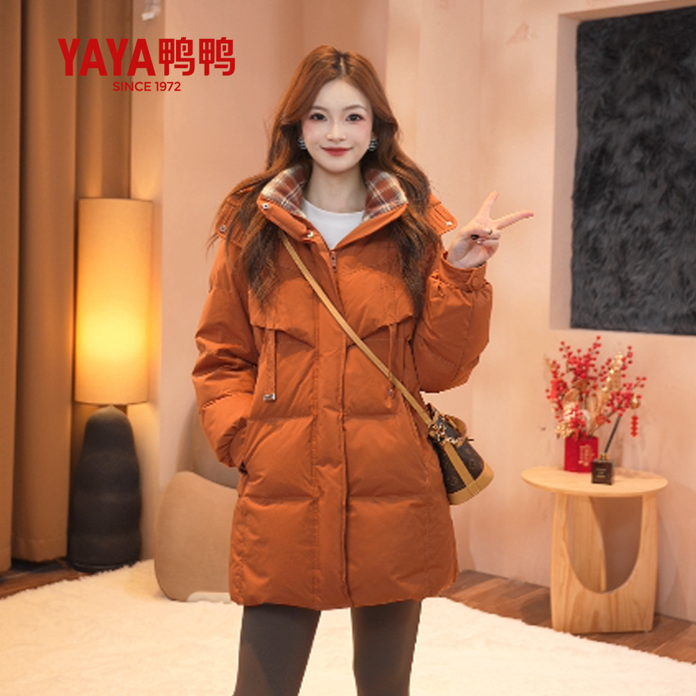 鸭鸭羽绒服女2025年冬季新款时尚百搭连帽收腰保暖中长款外套TXXX