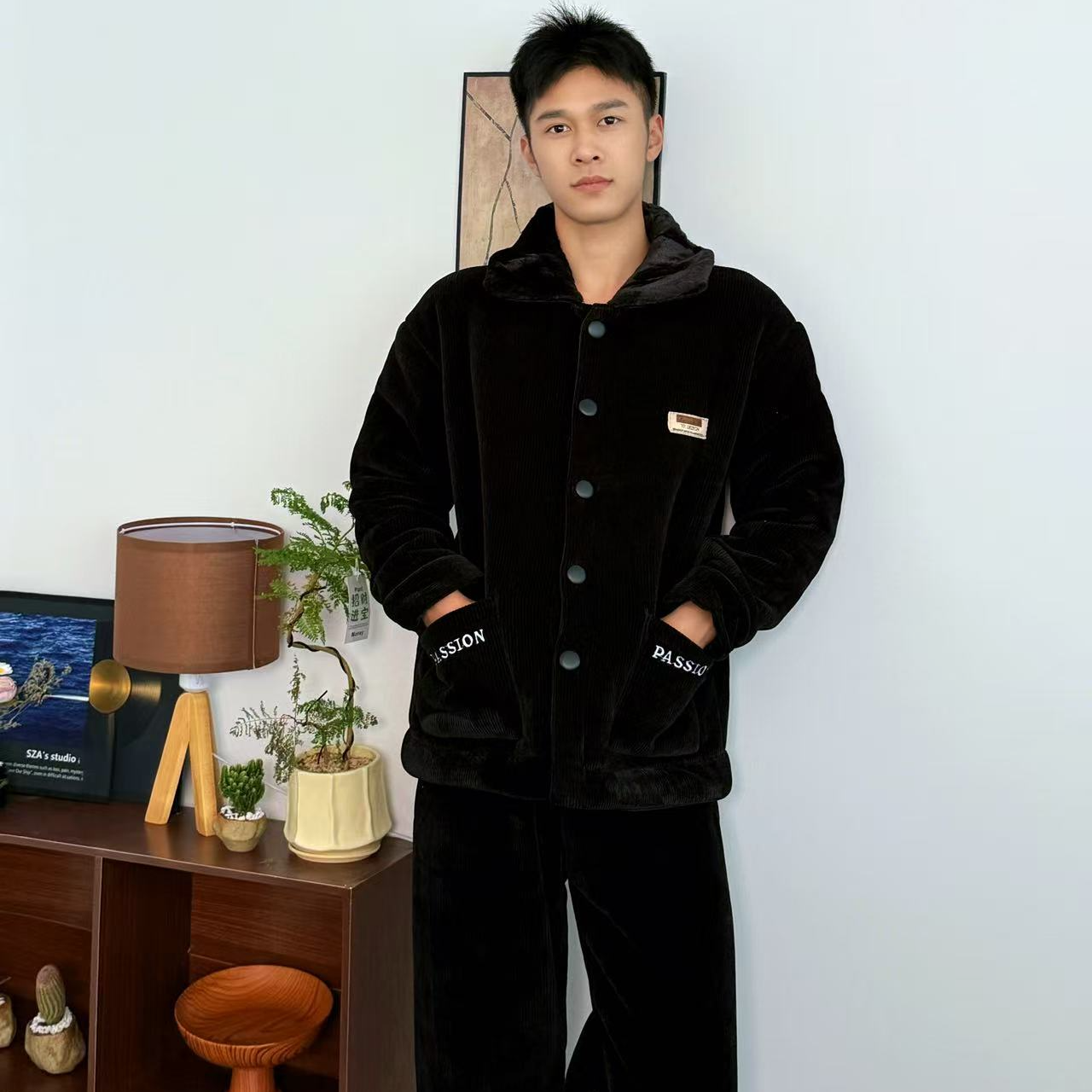 【0234 Passion】保暖加厚雪尼尔翻领家居服套装男款睡衣冬季纯色