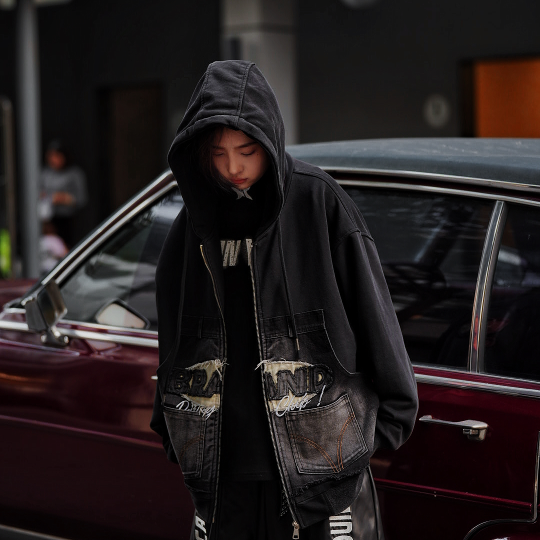 2025春秋重工新款字母贴布刺绣连帽开衫卫衣外套女宽松时尚上衣