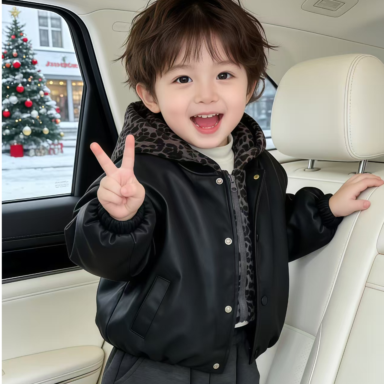 男童假两件豹纹加绒夹棉皮衣冬新款加厚皮夹克儿童外套洋气韩版潮