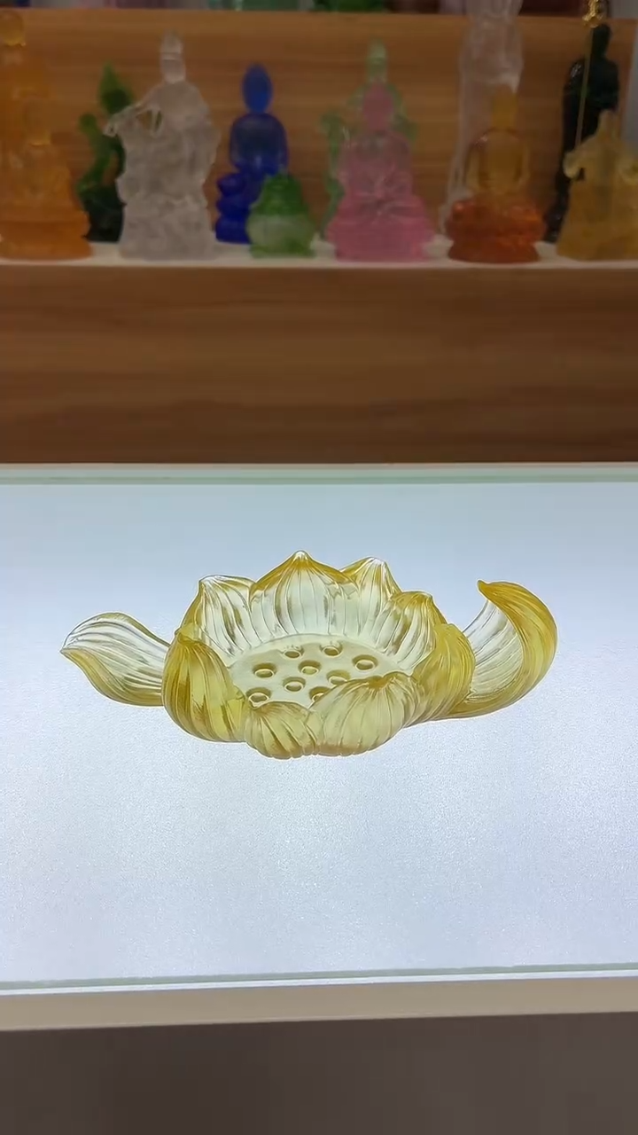 琉璃手工艺品金琥珀色花开见佛底座17公分