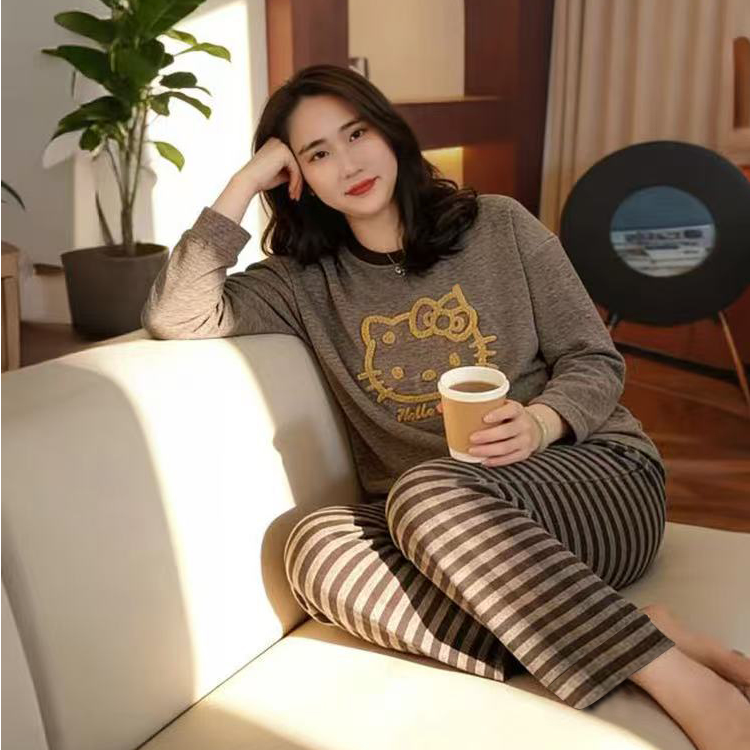 冬季加厚睡衣女新款爆款长袖长裤可外穿家居服套装（咖啡KT猫）