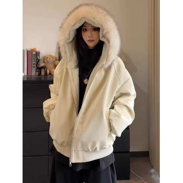 冬装纯色加绒加厚款宽松型棉衣棉服百搭宽松大毛领上衣外套ins女