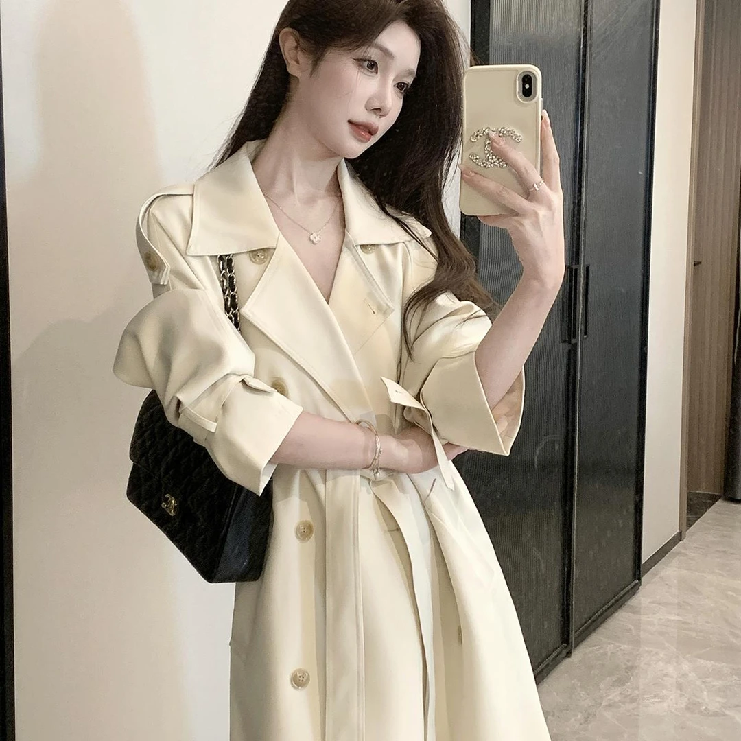 2025春秋季中长款白色风衣女双排扣显瘦高品质气质风衣外套女