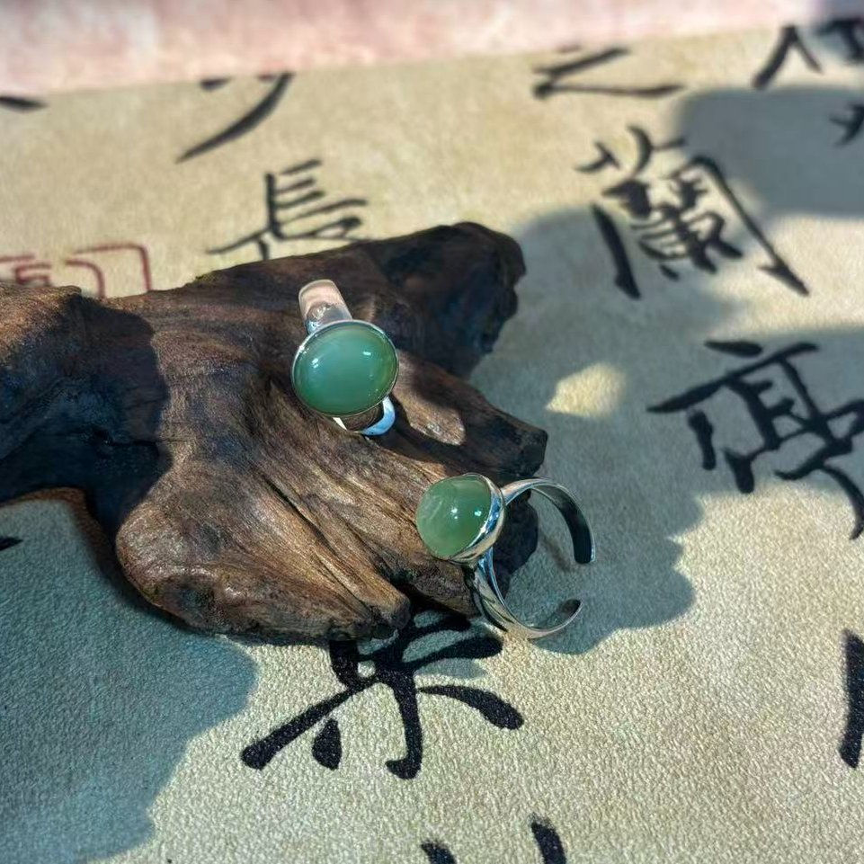 S925和田玉碧玉猫眼戒指开口戒*（多样性发一件）