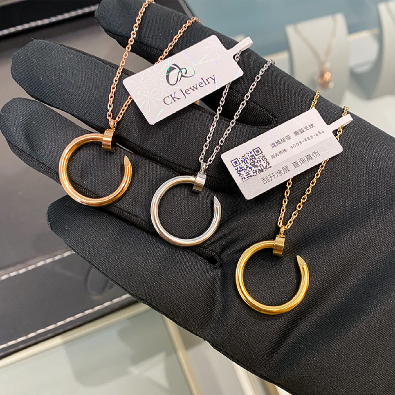 钛钢项链 金色  钉子圆勾吊坠项链 N1408