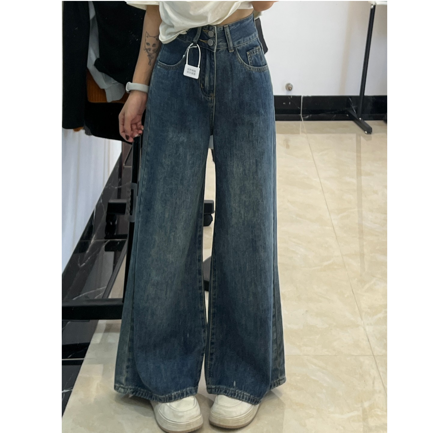 小个子冬季加绒加厚复古高腰双扣阔腿牛仔裤女宽松不贴腿裤子