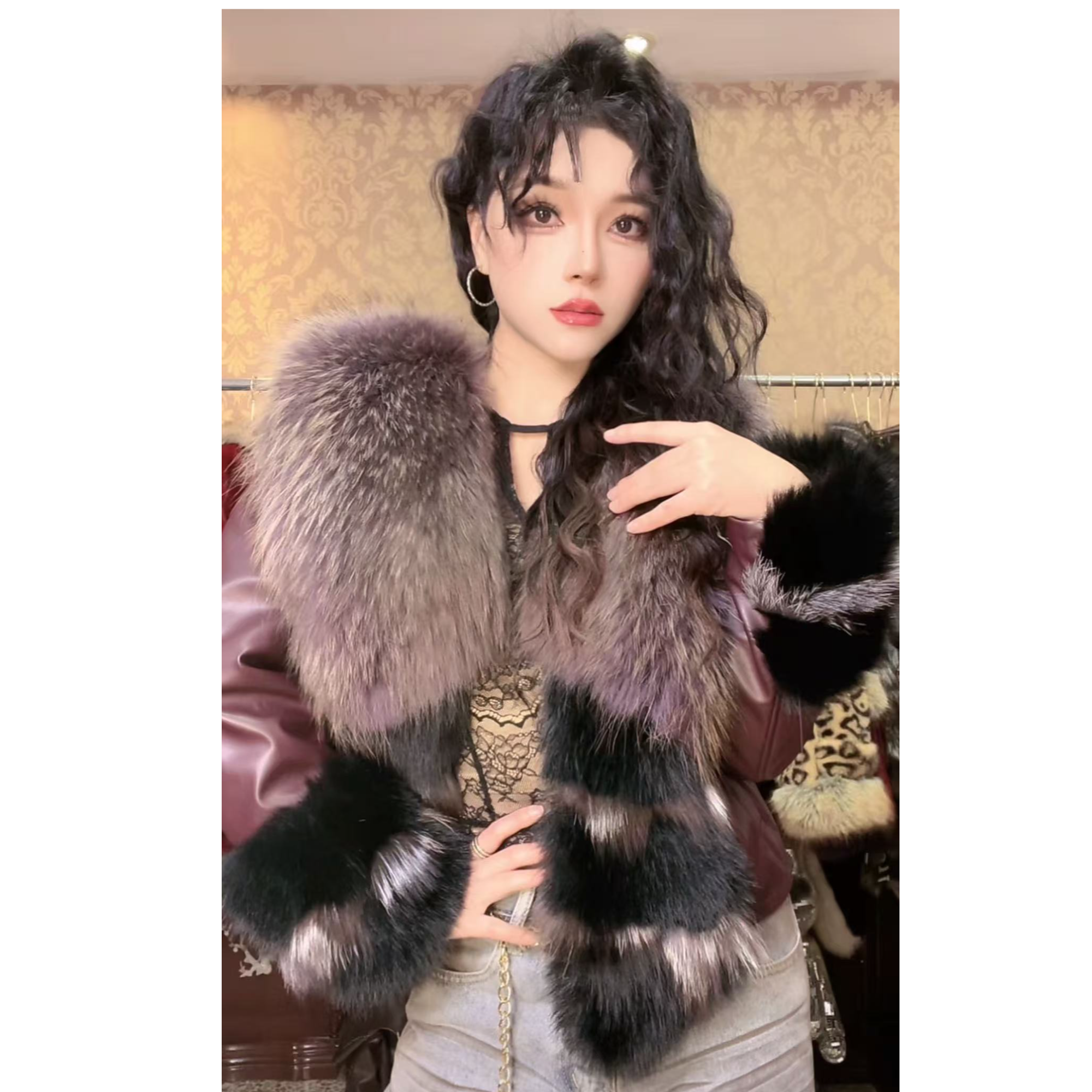 155毛领女短外套秋冬短款V领毛外套显瘦秋冬款