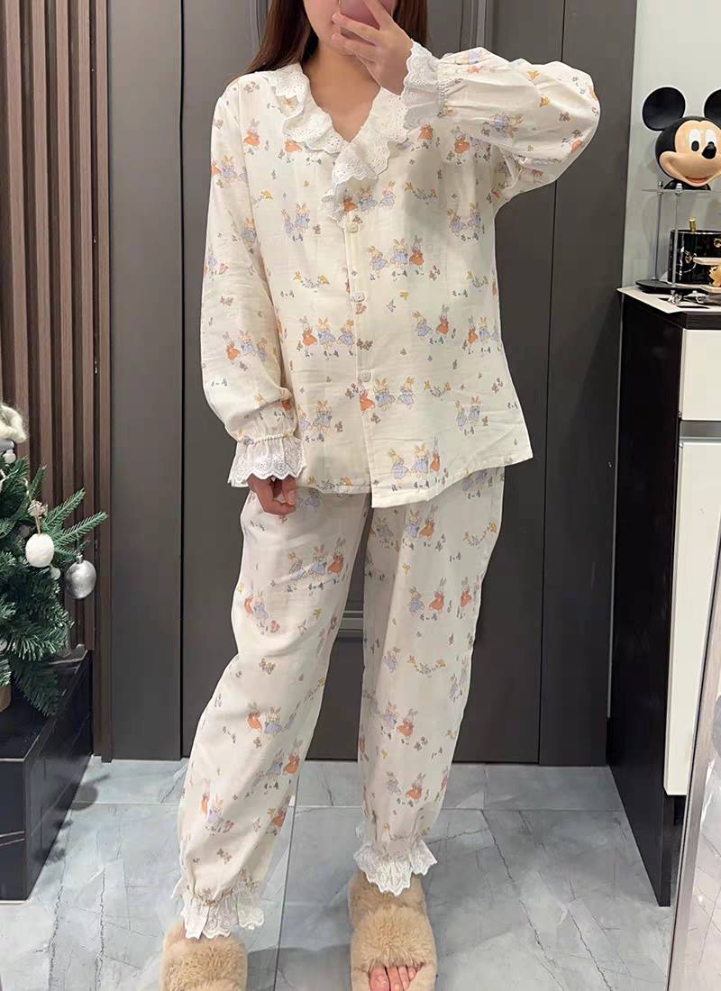 大码胖妹妹网红甜美蕾丝花边开衫家居服套装气质睡衣女春夏韩版