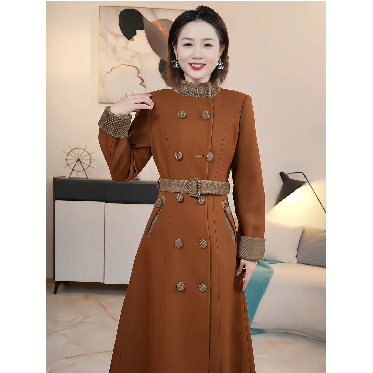 秋冬新款复古立领撞色拼接收腰绑带加厚双排扣外套连衣裙#6155