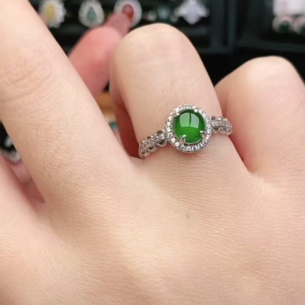 鑫辰珠宝天然A货翡翠银镶嵌设计款开口女戒指时尚百搭