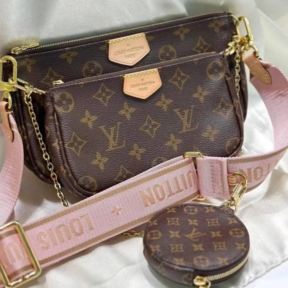 95新 LouisVuitton/路易威登 蔚蓝/经典老花 五合一 粉肩带
