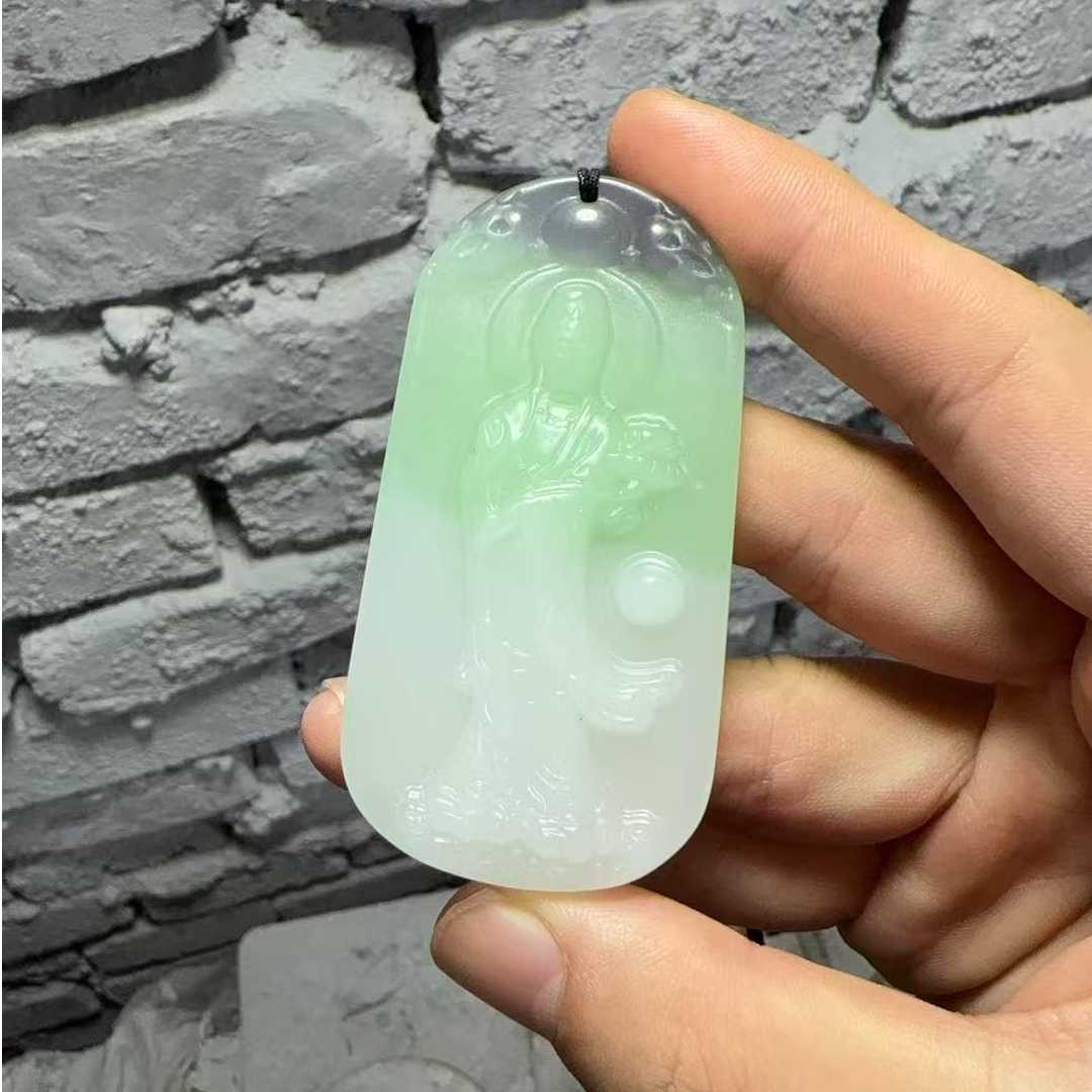 山料翠青三色料观音牌吊坠