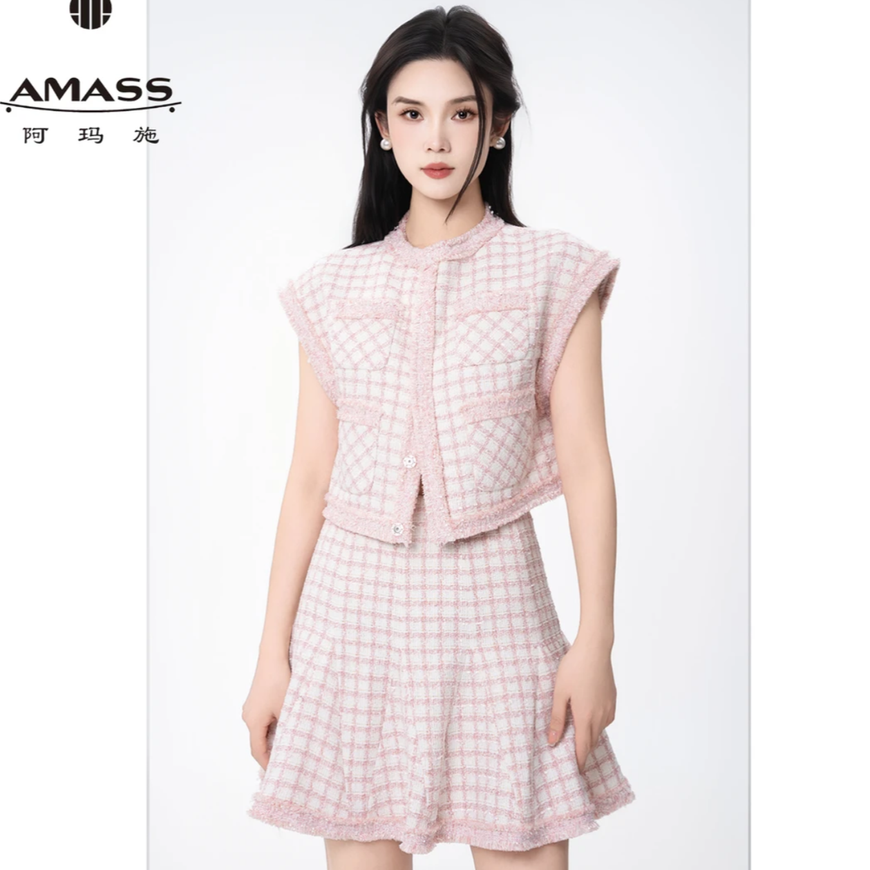 AMASS/阿玛施春夏新款气质粗花呢复古千金小香风短款马夹女540009