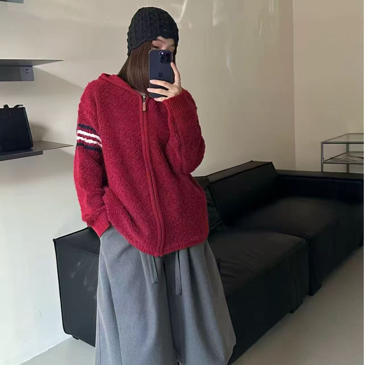 ST秋冬新款韩系宽松圈圈毛连帽拉链外套