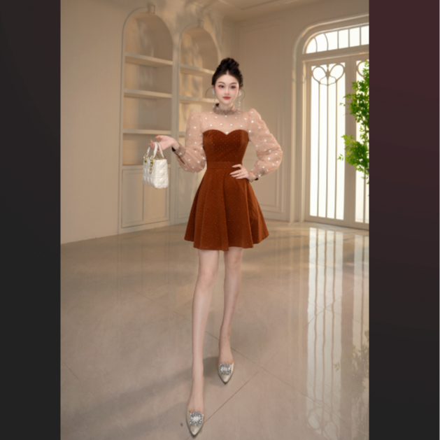 【显瘦定制】秋冬长袖小个子宴会设计感斜肩款连衣裙褶皱法式21941