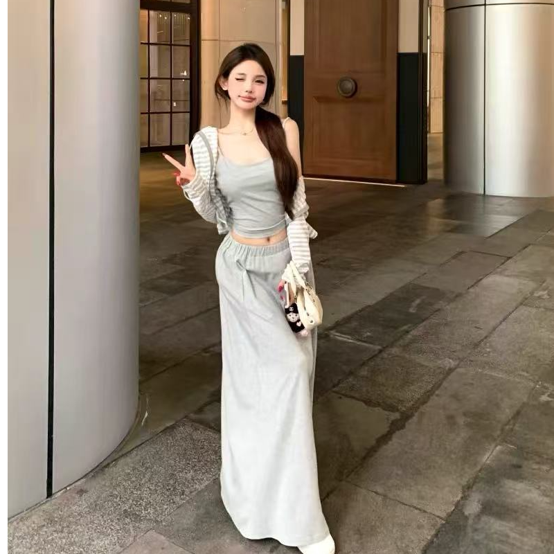 条纹防晒长袖外套内搭灰色背心女夏季垂感半身裙三件套