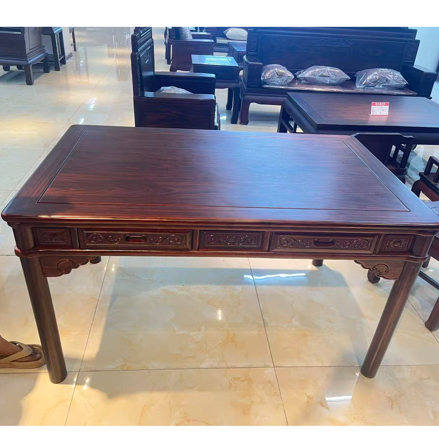 1.38长方桌餐桌桌子雕花简约圆台家用餐桌