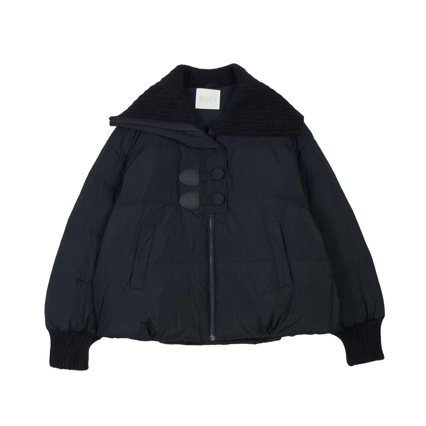 BSIEE/本涩冬季藏蓝设计感针织翻领拼接短款小个子羽绒服时尚百搭