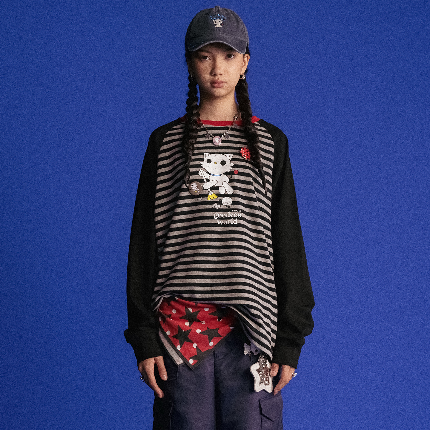 GOODBAI GOODEES 机器小猫logo做旧图案印花撞色oversize长袖T恤