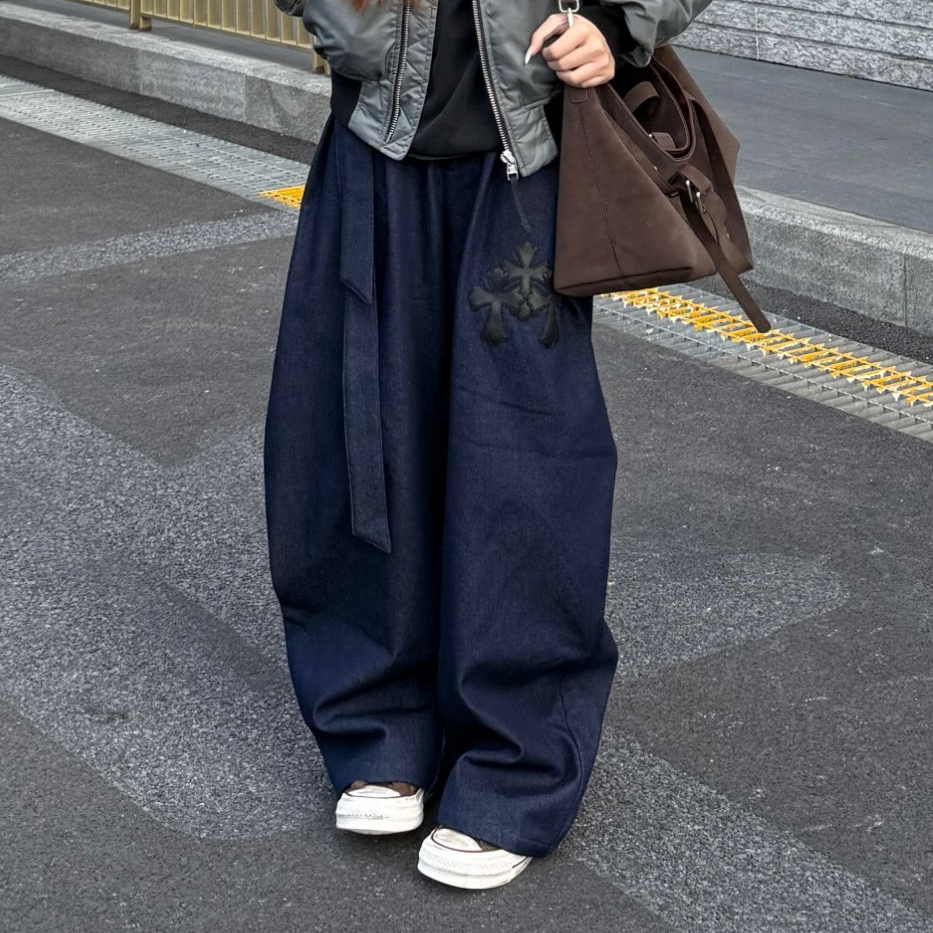 TrickyT 秋冬美式牛仔蓝半松紧腰加绒直筒裤牛仔裤【男女同款】