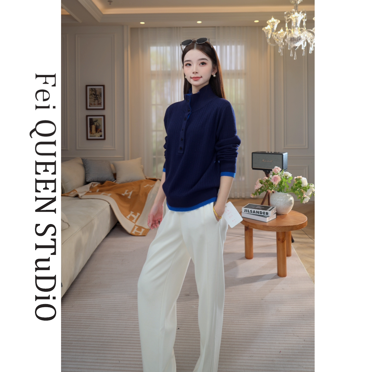 XINCENN/山羊绒秋冬时尚百搭立领拼色针织毛衣女 DW0A8826