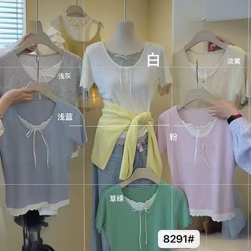 THE NICE春季韩系简约木耳边假两件短袖针织衫慵懒甜美减龄百搭女
