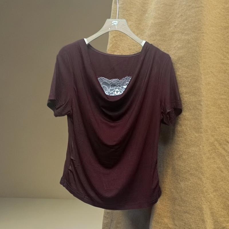 法式小众设计感蕾丝拼接荡领褶皱上衣8008【4】