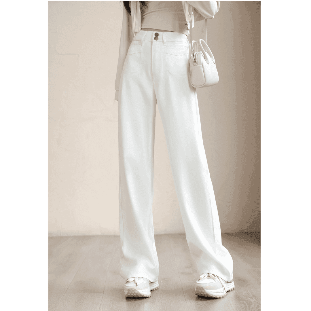 【现货+运费险】610白色双扣窄版阔腿裤女高腰显瘦垂感牛仔裤休闲