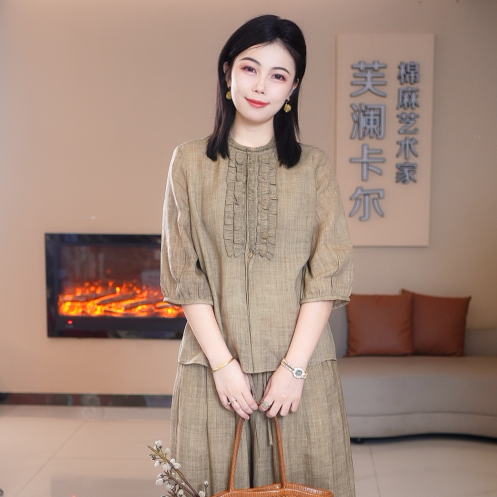 【芙澜卡尔】圆领气质款单上衣贴花定制款衬衣夏款时尚中老年女装