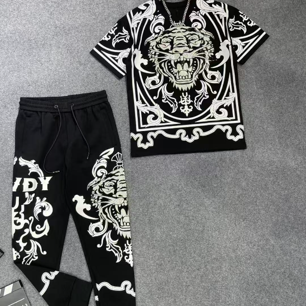 套装时尚夏季潮流印花烫钻老虎裤子男士休闲裤轻奢情侣修身重工