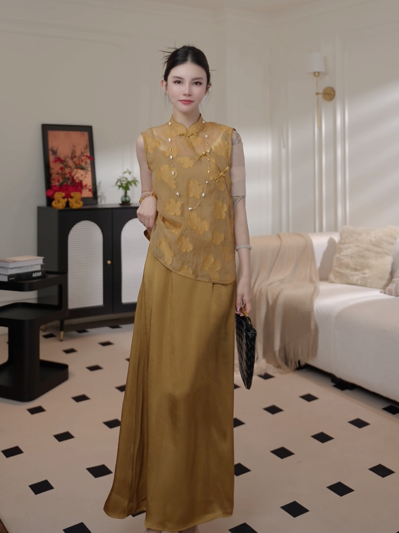 温温【苏格】人丝夏季提花时尚套装女新中式T恤裙子两件套6569