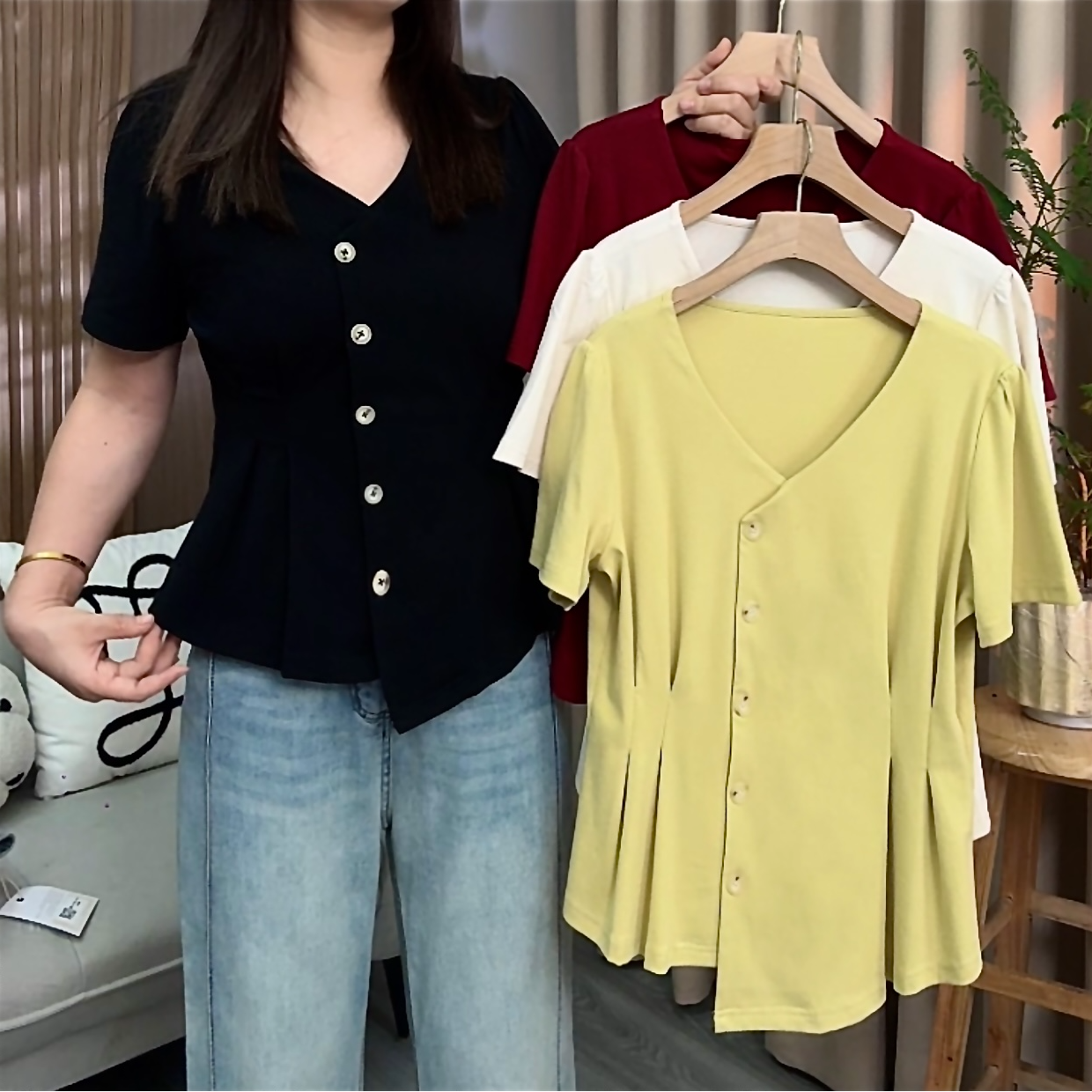 【依依4】现货2025新款大码收腰宽松正肩短袖上衣微胖夏季遮肚棉T恤