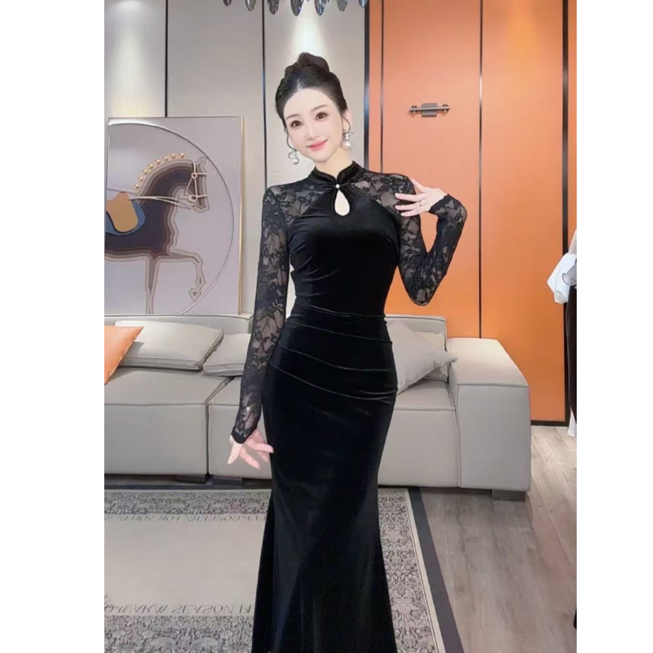 【时光小铺】旗袍复古一字扣蕾丝长袖修身气质时尚春秋季D3953