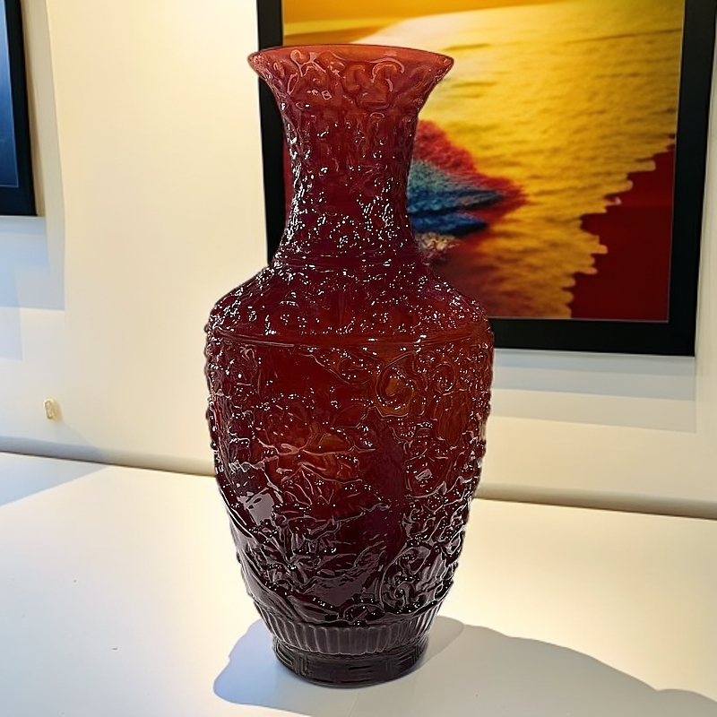 红牡丹艺术花瓶刻花雕花高级轻奢桌面插花摆件