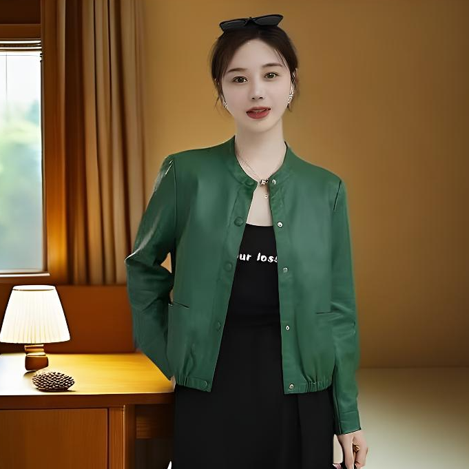 D绿皮衣外套2025女士秋冬季皮衣立领口袋秋季长袖短款
