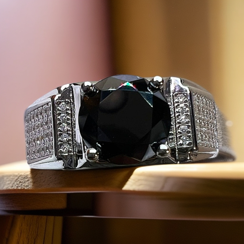 925银莫桑石戒指 【窄版满天星】黑色2克拉时尚男款经典镶嵌款