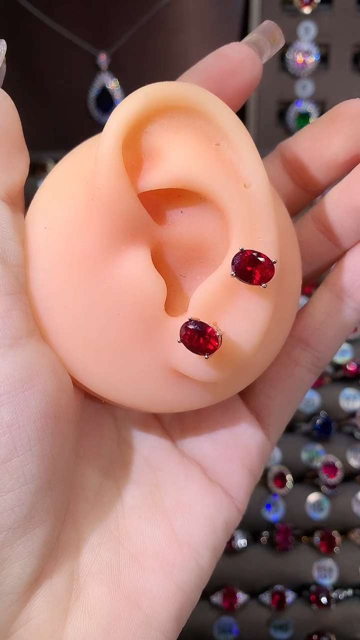 银S925镶嵌耳饰红宝石玫瑰金酒红68