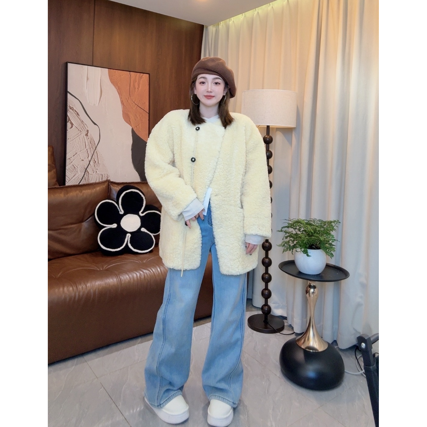 【桃子甄选】韩系慵懒静奢简约风 中长款100毛外套女保暖显瘦时髦款