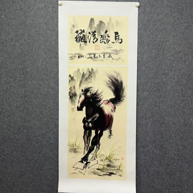 李新社手绘宣纸-三尺马踏清秋水墨画