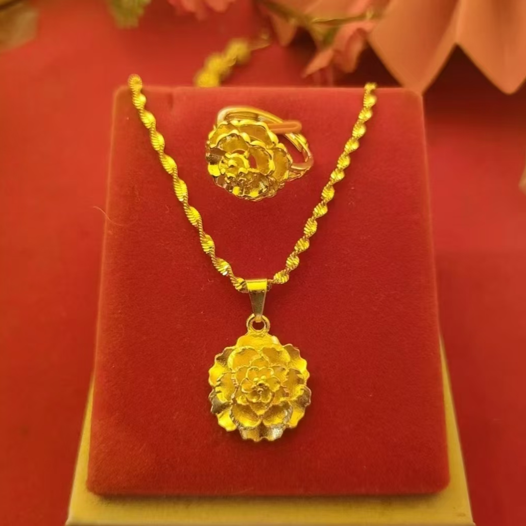合金项链 富贵牡丹花项链+戒指开口设计气质精美