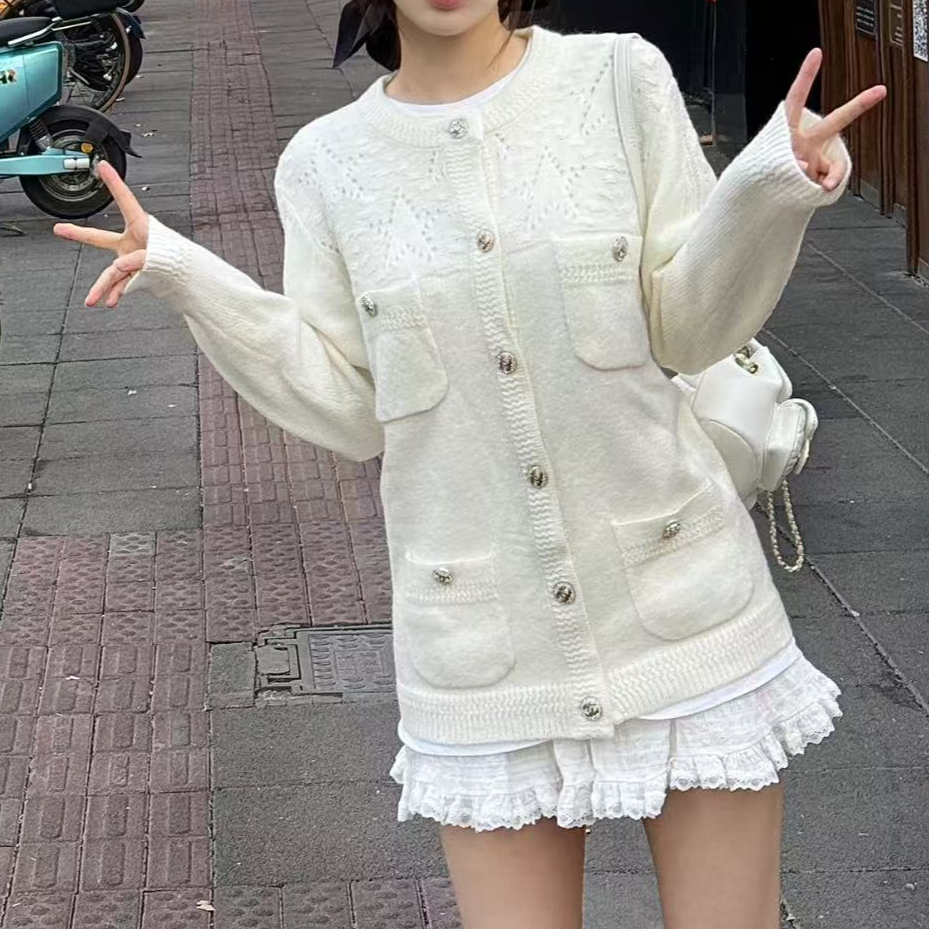 99新 Chanel/香奈儿 34码23N白羊绒五角星镂空针织四口袋开衫外套