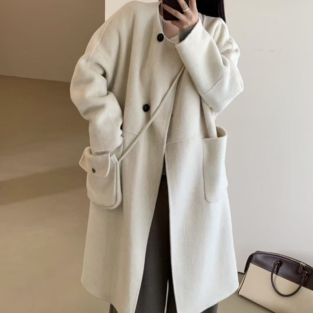 复古圆领带包包双面羊毛大衣韩版宽松显瘦中长款大衣外套